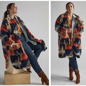 ANTHROPOLOGIE x PILCRO Sherpa Duster Jacket Red Blue Aztec Blanket Coat Sz M